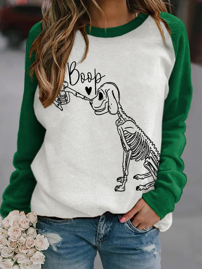 Retro Halloween Dog Skeleton Print Sweatshirt