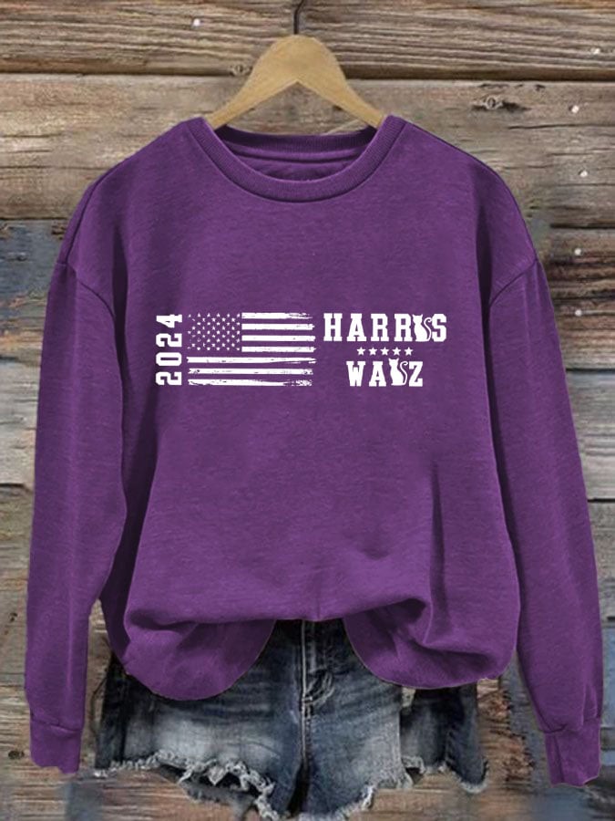 Women's Retro Flag Print Crewneck Sweatshirt