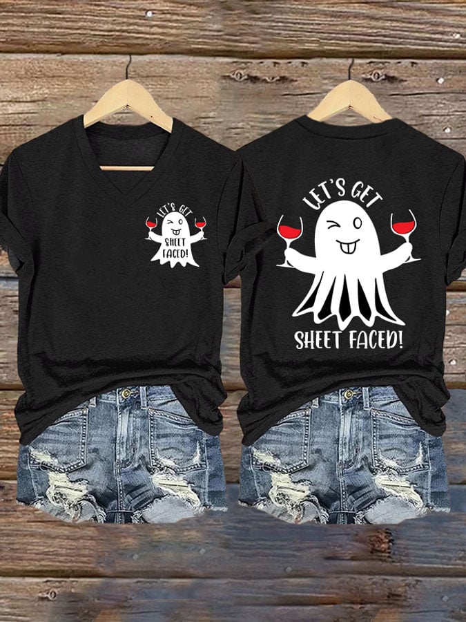 Women'S Halloween Let's Get Sheet Faced Printed T-Shirt