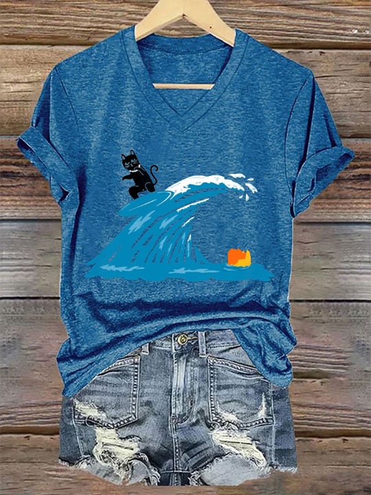 Women's Blue Wave And Black Cat Printed V-Neck T-Shirt