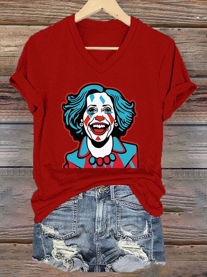 Women's Clown Print V-Neck T-Shirt