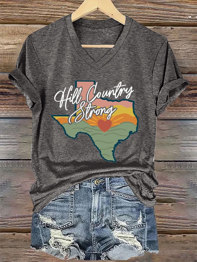 V-Neck Retro Texas Strong Hill Country Strong Print T-Shirt
