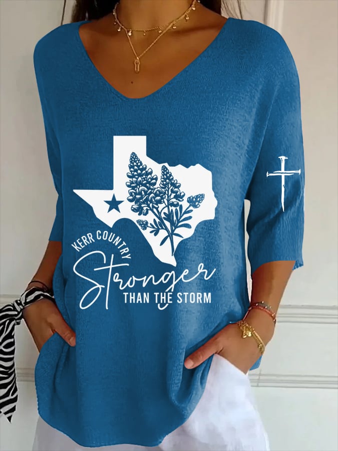 Women's Texas Flood Print Striped Fabric Casual V-Neck T-Shirt