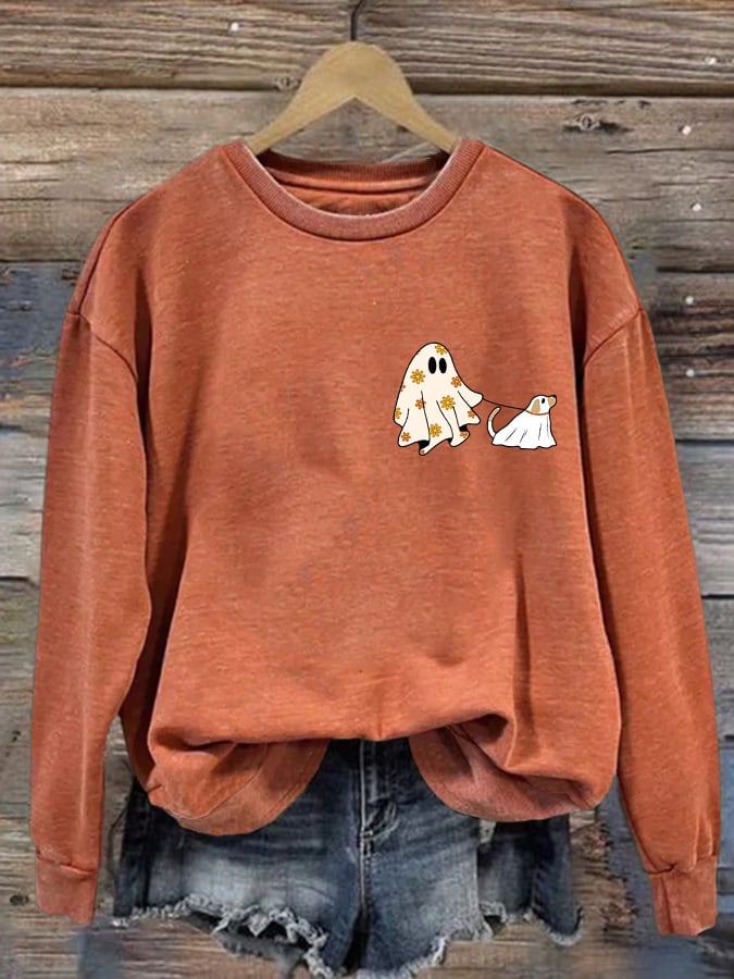 Retro Halloween Ghost And Dog Print Sweatshirt