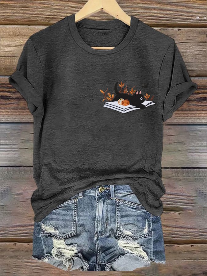 Women's Cute Cat Halloween Print Shirt