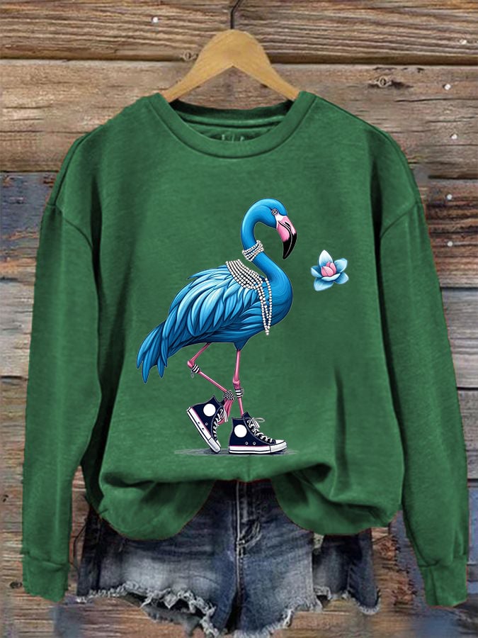 Women's Pearl Necklace Canvas Shoes Flamingo Print Round Neck Sweatshirt