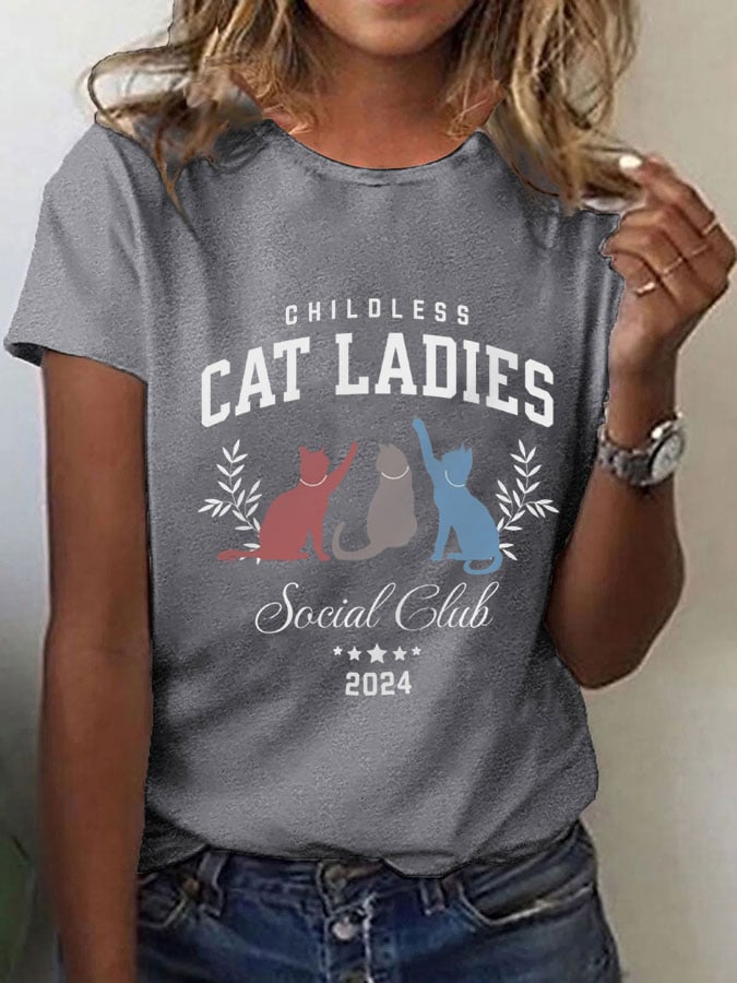 Women's Childless Cat Lady Print O-Neck T-Shirt