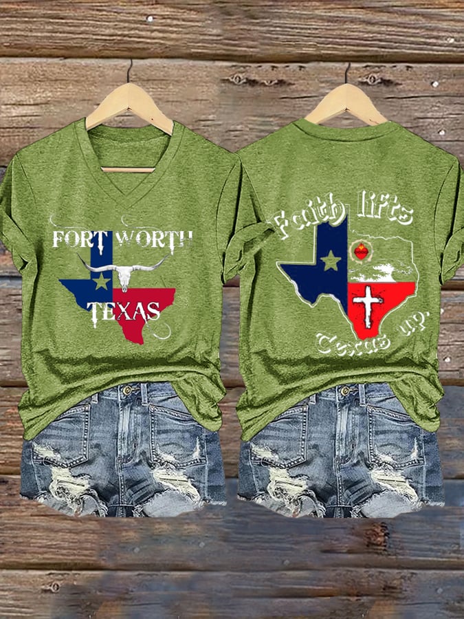 Women's Texas Flood Faith lifts  Texas up Print V-Neck T-Shirt
