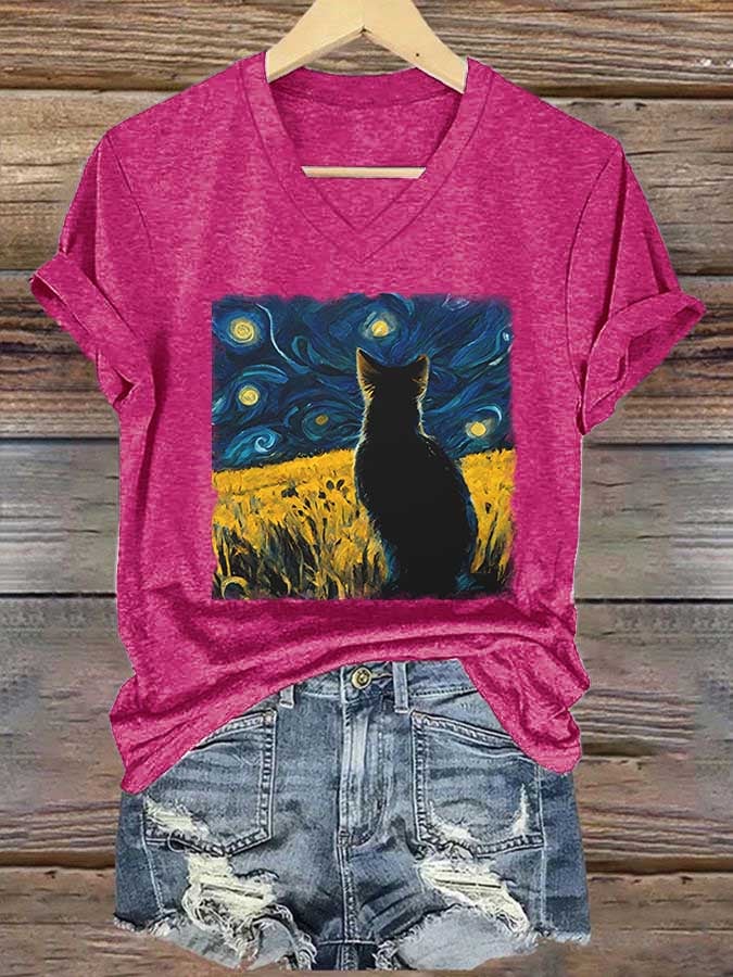 Women's Halloween Cat Looking At A Starry Night Print T-shirt