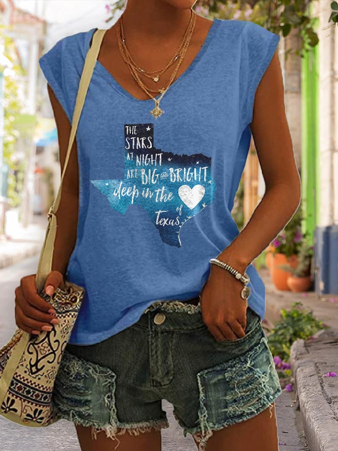 V Neck Retro Texas Strong The Stars At Night Are Big And Bright Deep In The Heart Of Texas Print Tank Tops