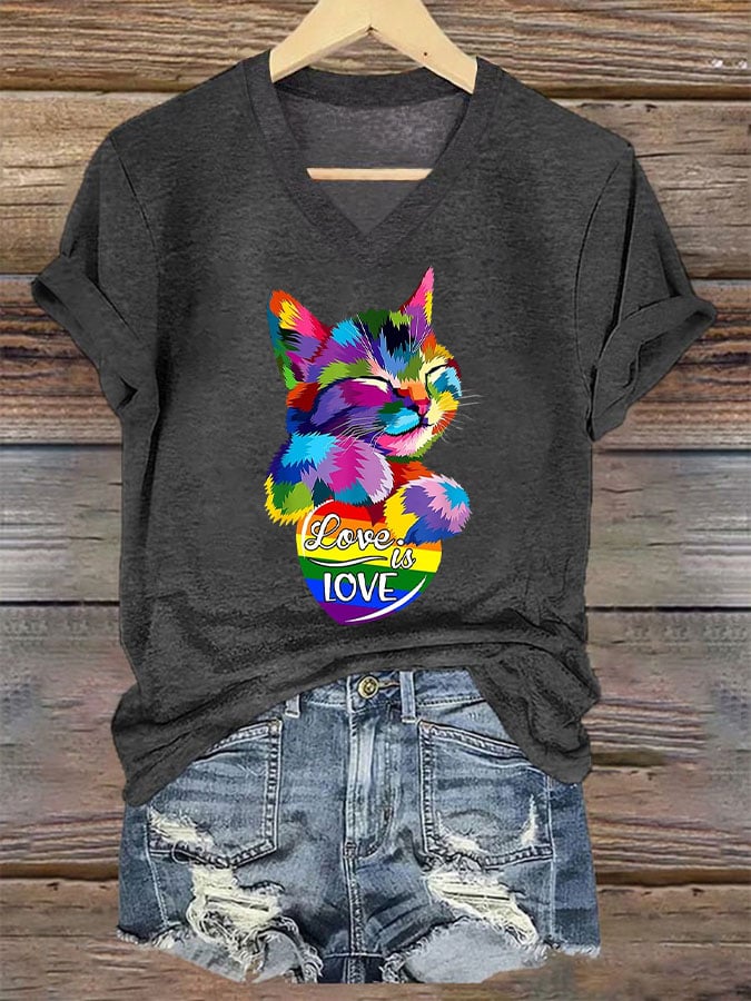 Women's La  Cat Love Is Love Printed Short-Sleeved T-Shirt