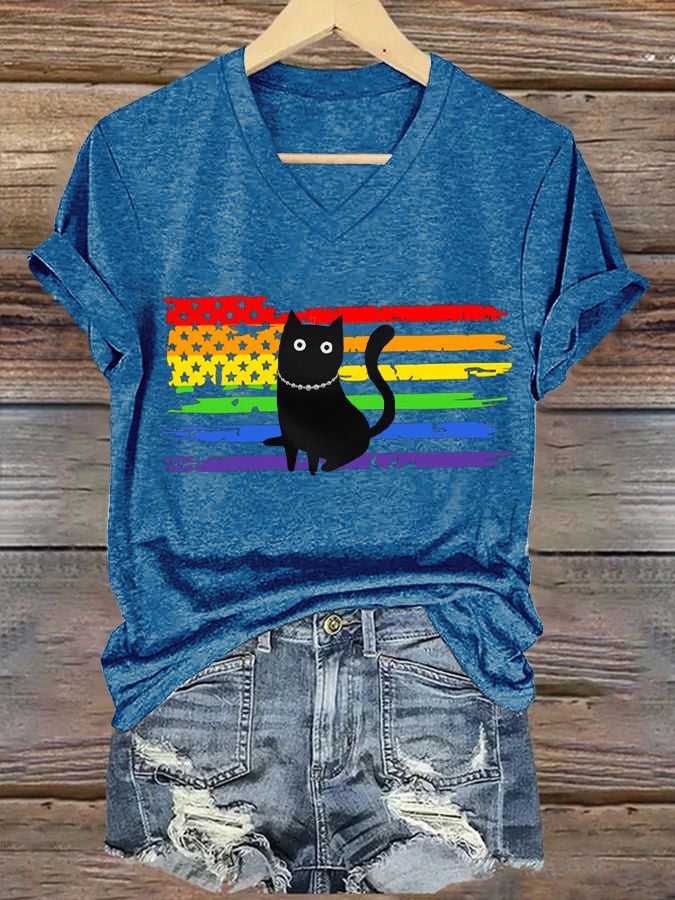 Women's Cat Wearing Pearls Color Print Casual T-Shirt