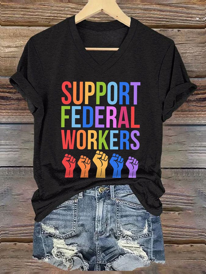 V-neck Retro Support Federal Workers Print T-Shirt
