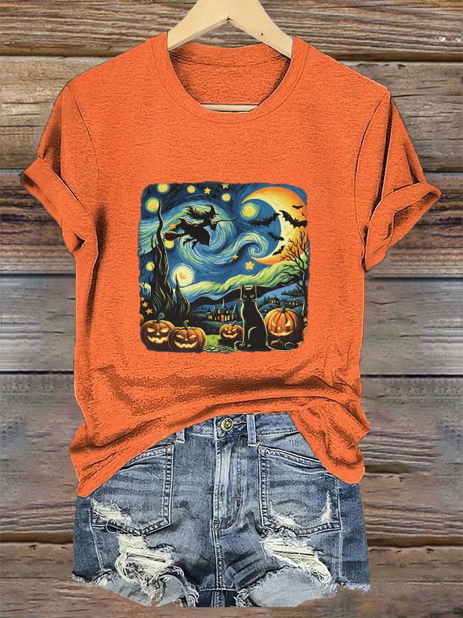 Women's Halloween Oil Painting Cat Print T-shirt