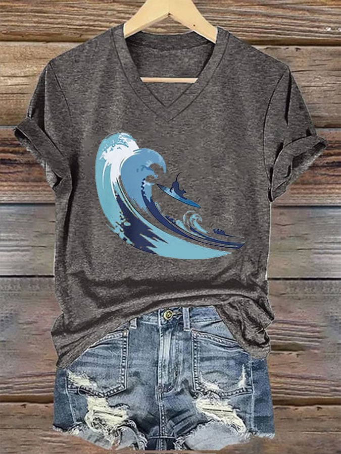 Women's Surfing Cat&Blue Wave Print T-Shirt