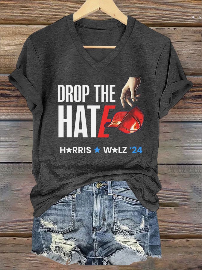 Women's Drop The Hate Printed V-Neck T-Shirt