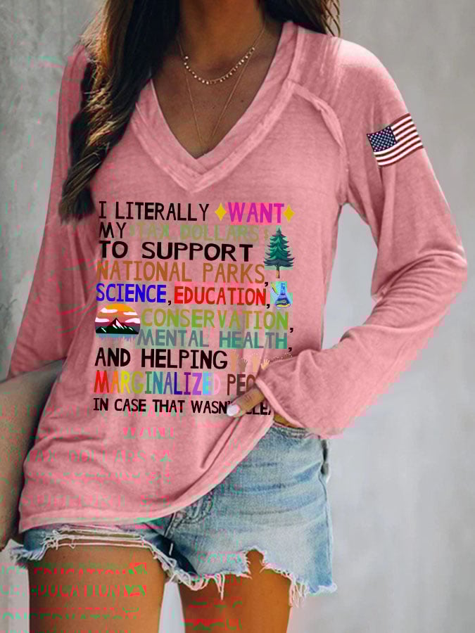 Women's Support National Parks Print V Neck Long Sleeve Shirt