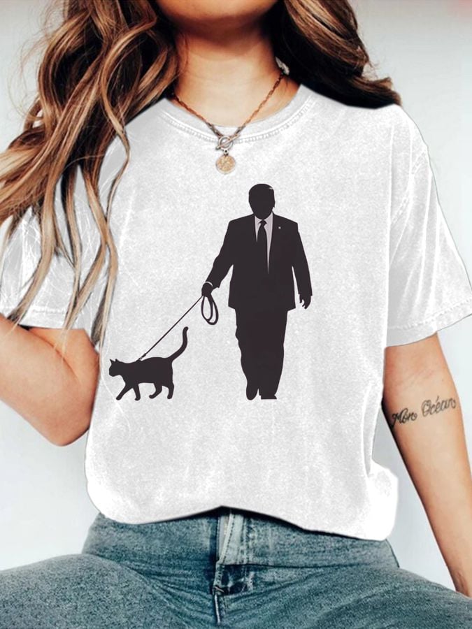 Women's Walking The Cat Print Crew Neck T-Shirt