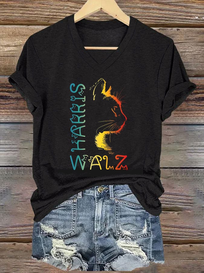 Women's Harris Waltz 2024 Kamala Walz Cat Lettering Positive Funny Print Casual T-Shirt