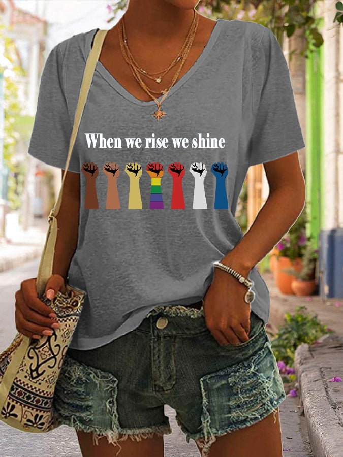 Women's When We Rise We Shine Printed V-Neck Short Sleeve T-Shirt