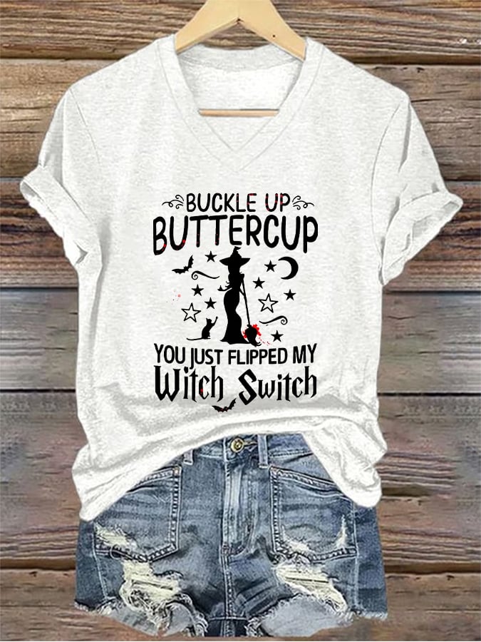 Women's Halloween Buckle Up Buttercup You Just Flipped My Witch Switch Casual Tee
