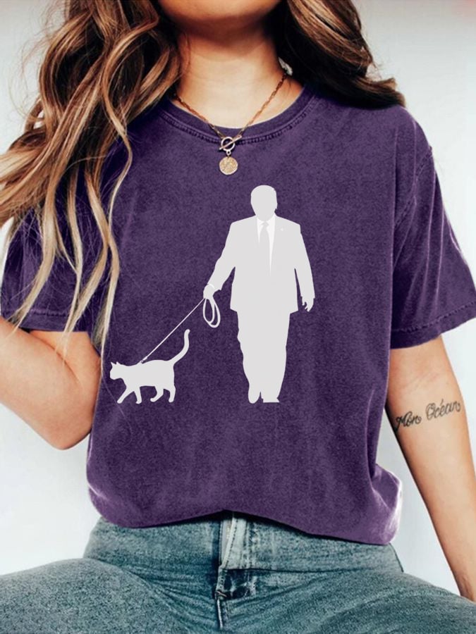 Women's Walking The Cat Print Crew Neck T-Shirt