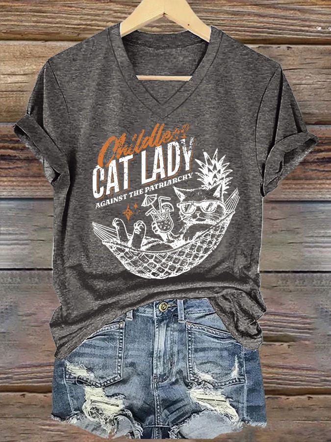 Women's Childless Cat Lady Against The Patriarchy Print T-shirt
