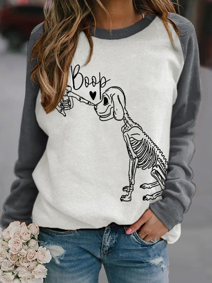 Retro Halloween Dog Skeleton Print Sweatshirt