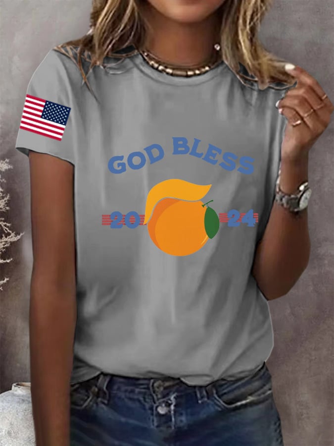 Women's God Bless Trump Printed Round Neck Short Sleeve T-Shirt