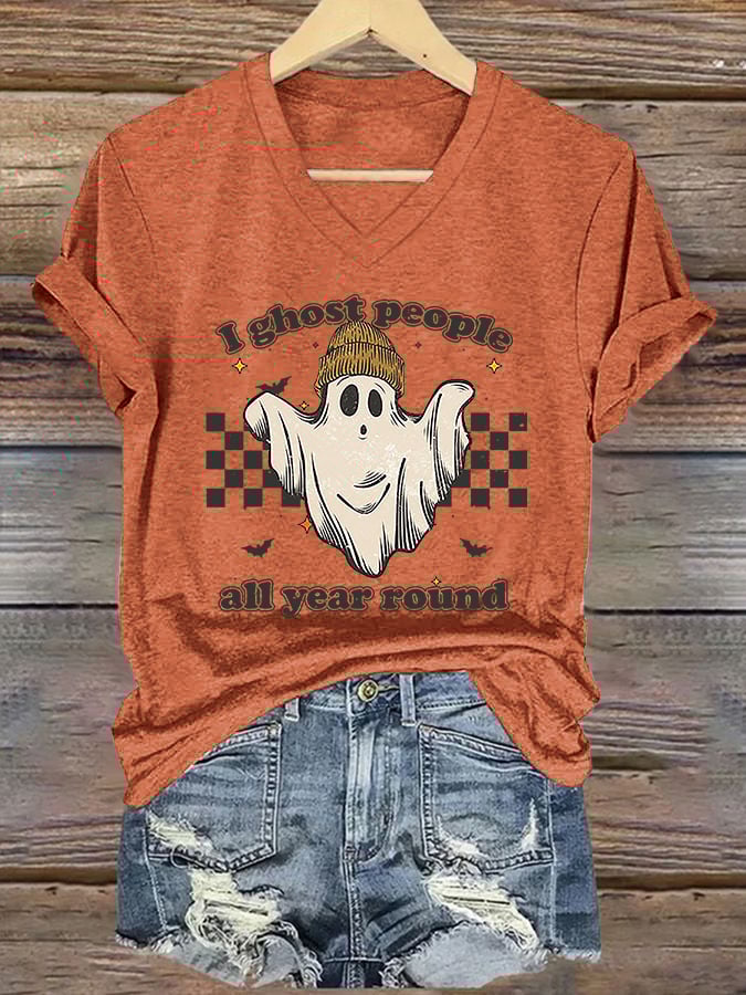 V-neck Retro Halloween I Ghost People All Year Round Print T-Shirt