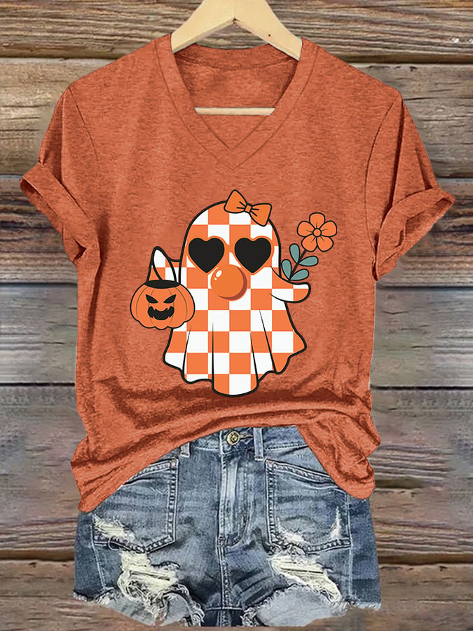 Women's Cute Ghost Printed V Neck T-shirt