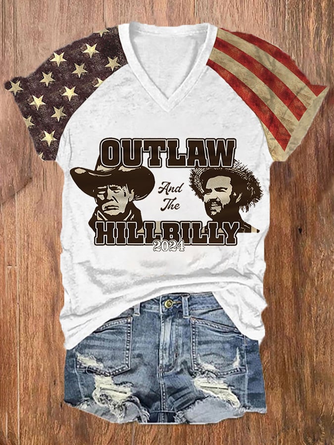 Women's Outlaw And The Hillbilly 2024 American Flag Print Casual V-Neck Tee