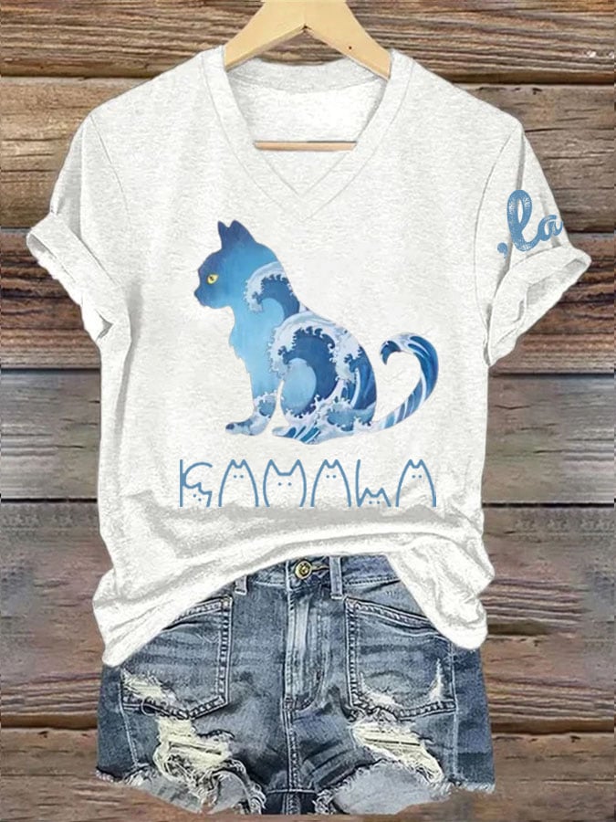 Women's La  Blue Wave Cat Printed Short-Sleeved T-Shirt