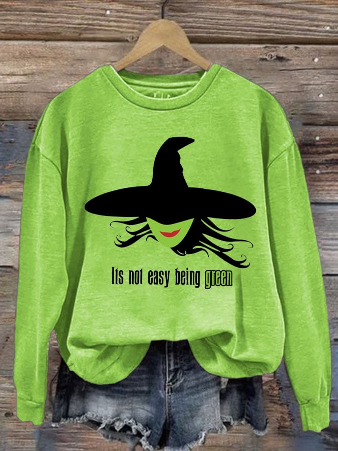 Women's Its Not Easy Being Green Witch Print Round Neck Sweatshirt