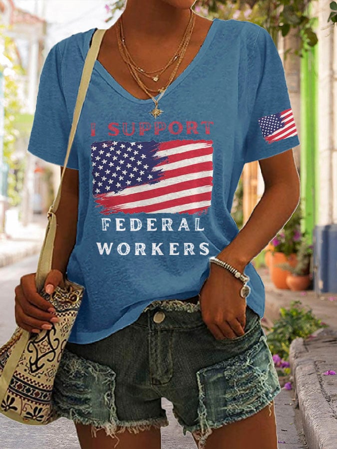 V-neck Retro I Support Federal Workers Print T-Shirt