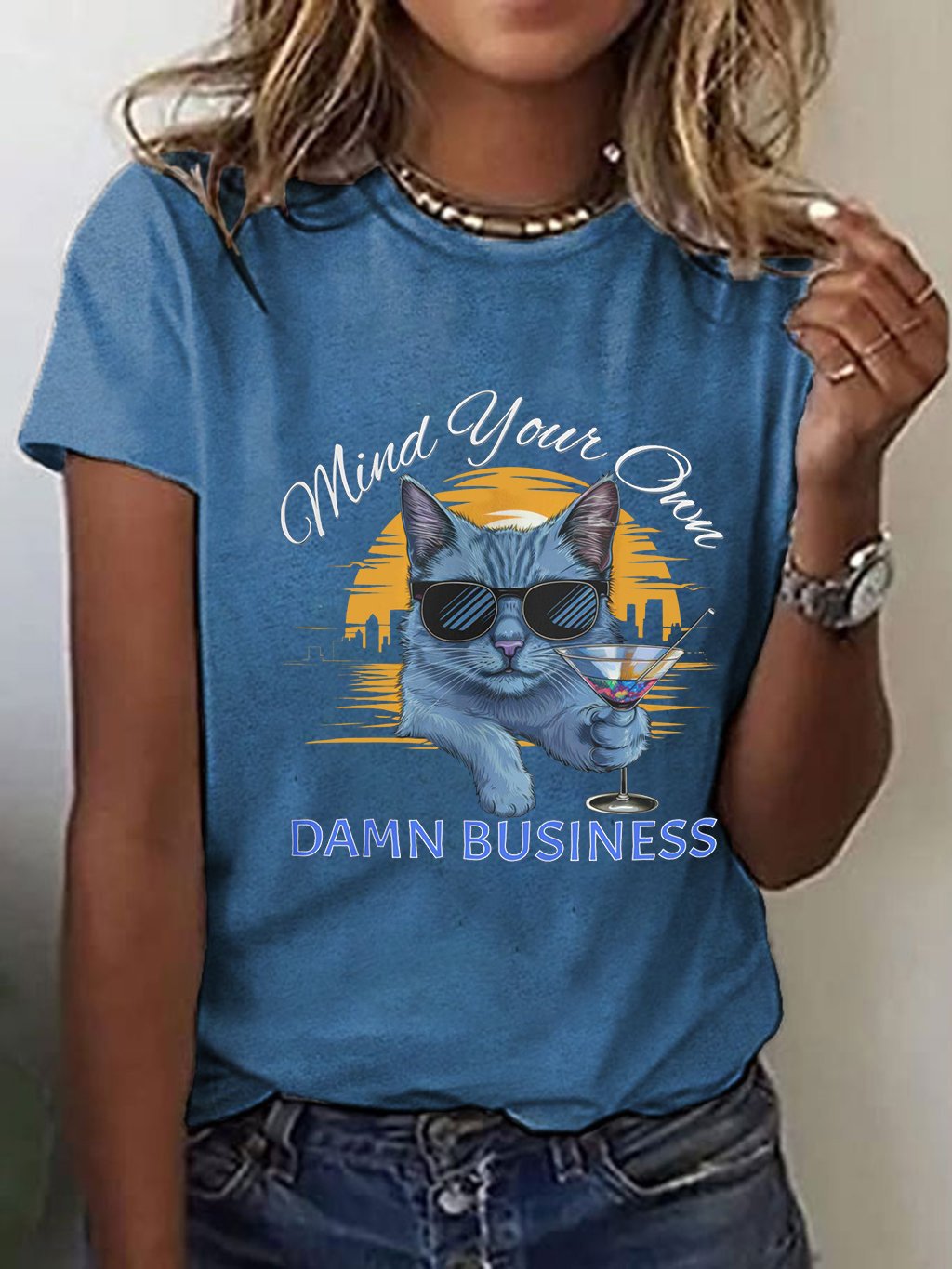 Women's Mind Your Own Damn Business Cat Print T-Shirt