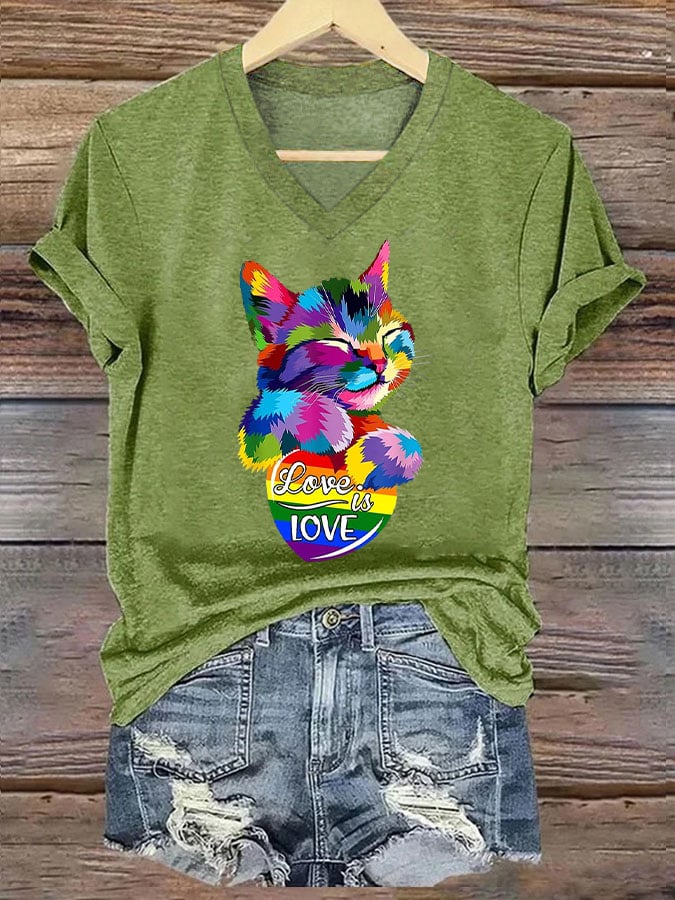 Women's La  Cat Love Is Love Printed Short-Sleeved T-Shirt