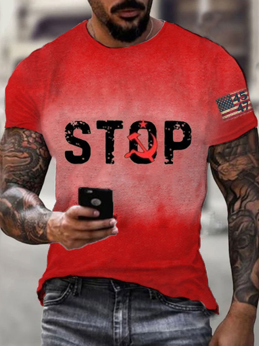 Men's  Stop Communism 45 47 Flag Print Short Sleeve T-shirt