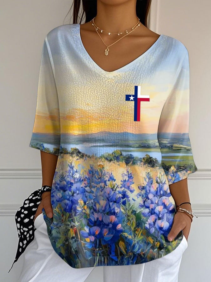 Women's Texas Flooding Print Striped Fabric Casual V-Neck T-Shirt