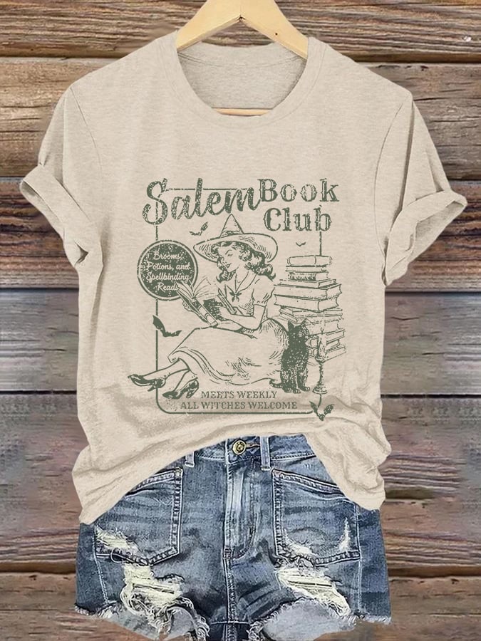 Retro Halloween Salem Book Club Print T-Shirt
