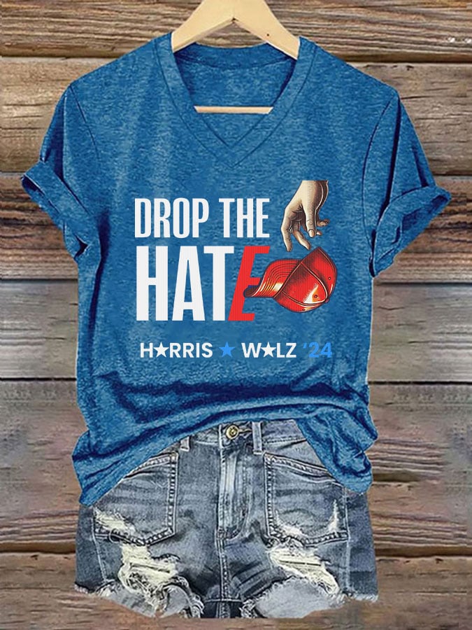 Women's Drop The Hate Printed V-Neck T-Shirt