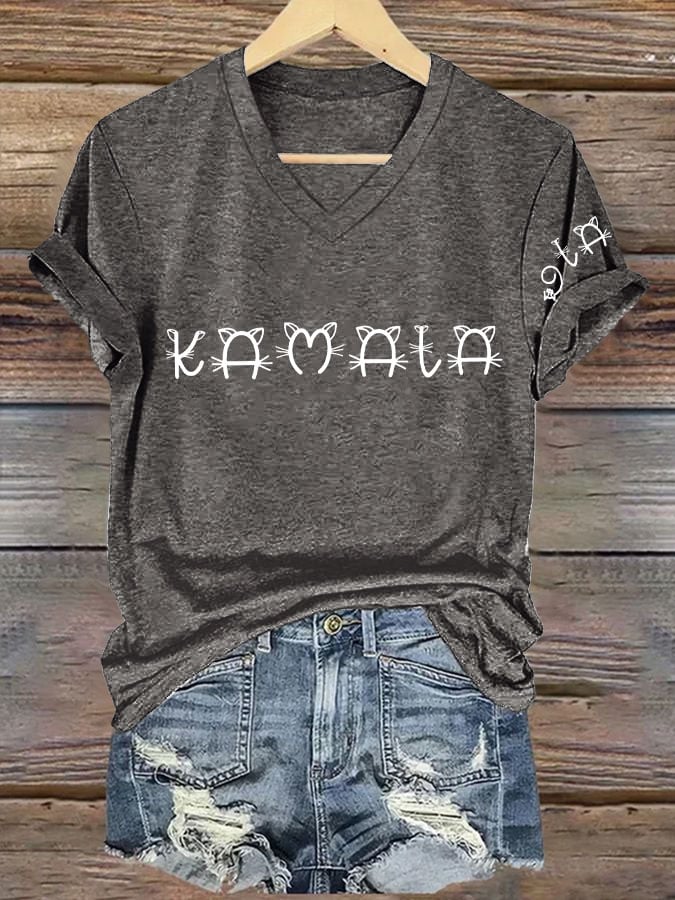 Women's Vintage La Cat Print V Neck T-shirt