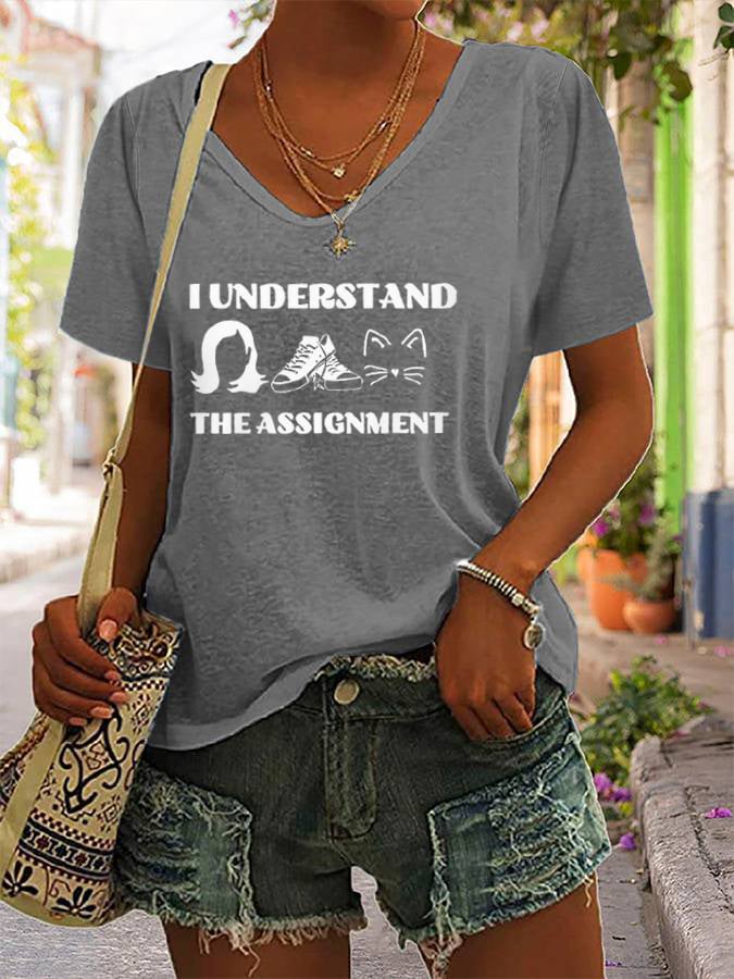 Women's I Understand The Assignment Print V-Neck T-Shirt