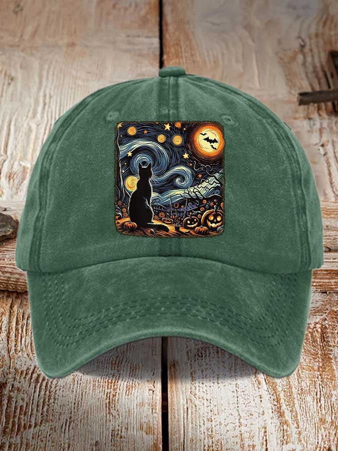 Retro Halloween Van Gogh Starry Night Cat Pumpkins Print Baseball Cap