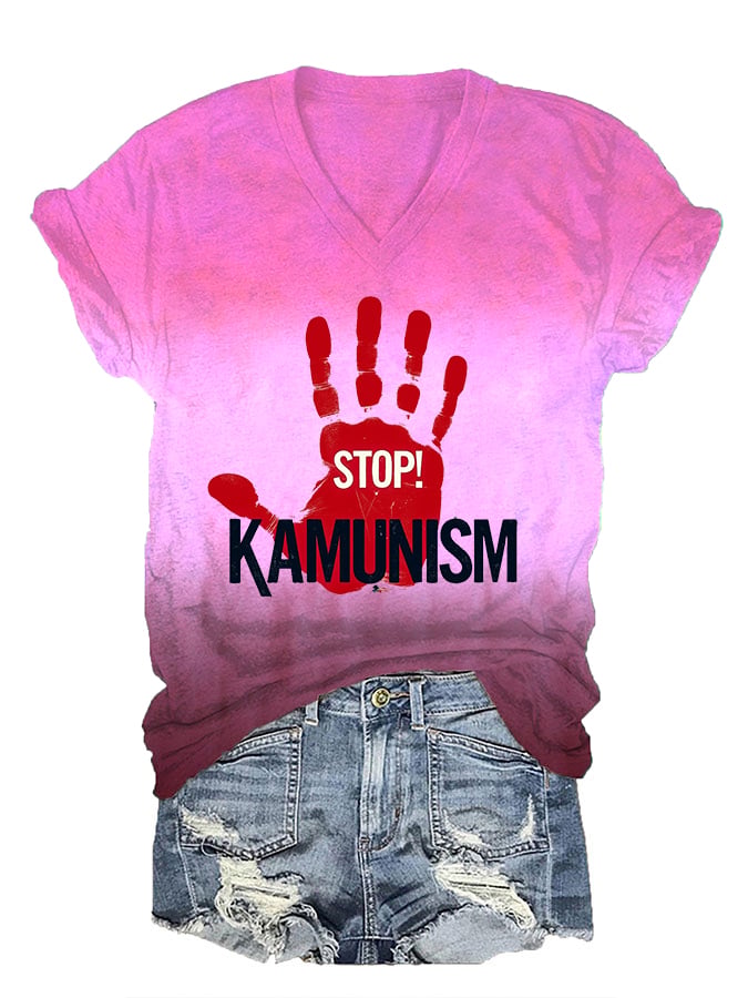 Women's Stop Kamunism Printed V-Neck T-Shirt
