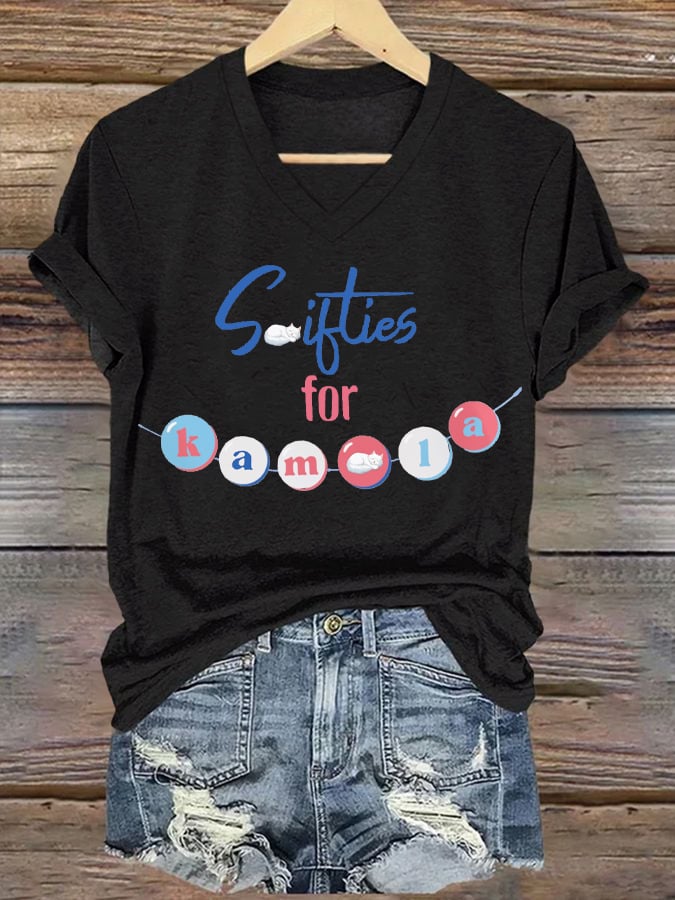 Women's With Hope And Love Childless Cat Lady Printed Casual V-Neck T-Shirt