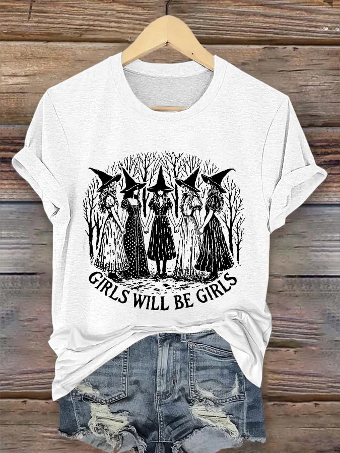 Women's Girls Will Be Girls Witch Feminism Print T-shirt