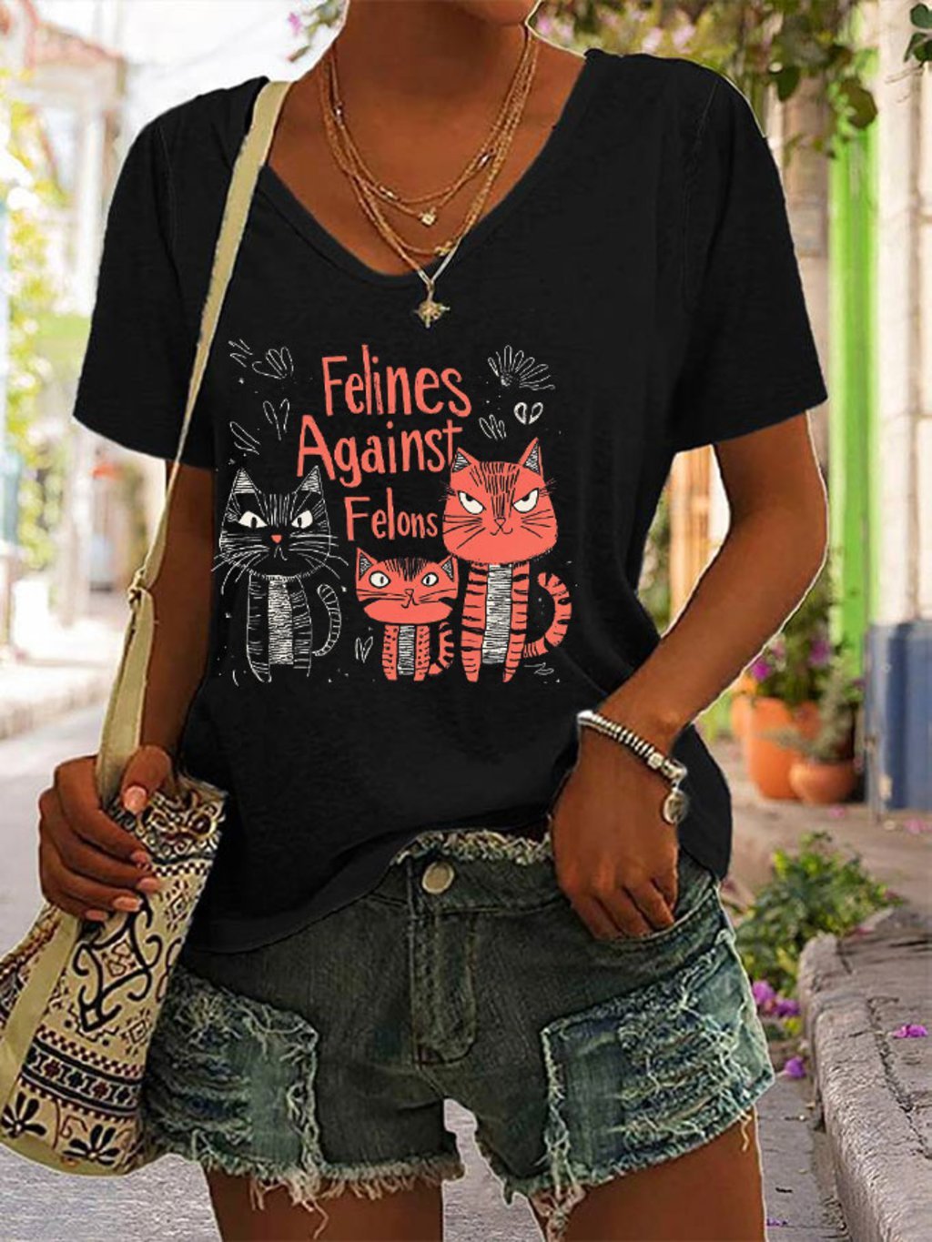 Women's Felines Against Felons Print V-Neck T-Shirt