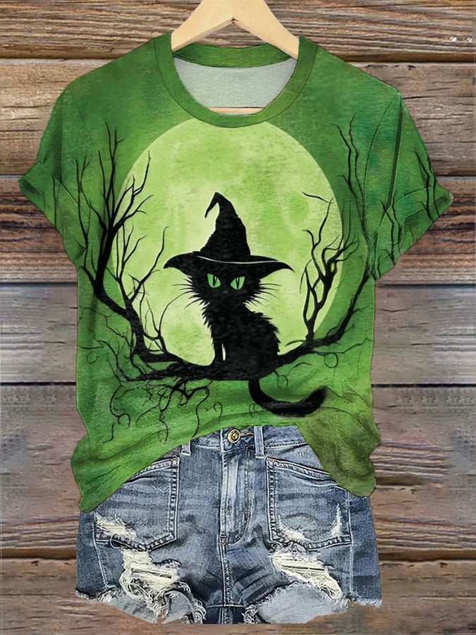 Women's Halloween Witch Cat Print Casual Tee