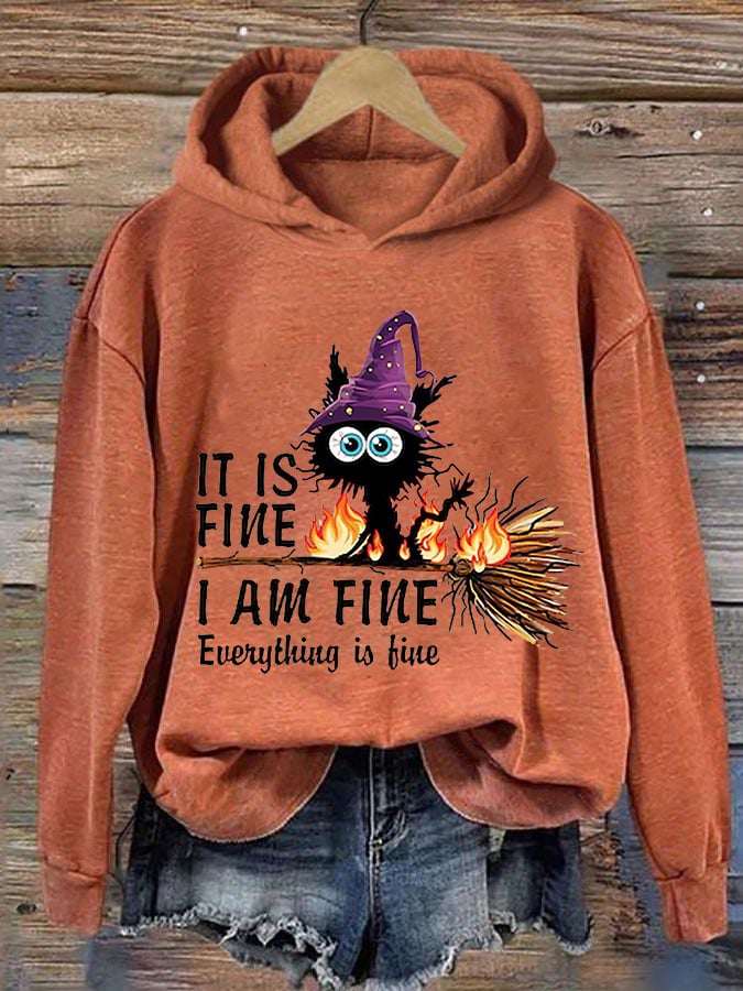 Women's Funny Halloween It's Fine I'm FineBlack Cat Print Hoodie